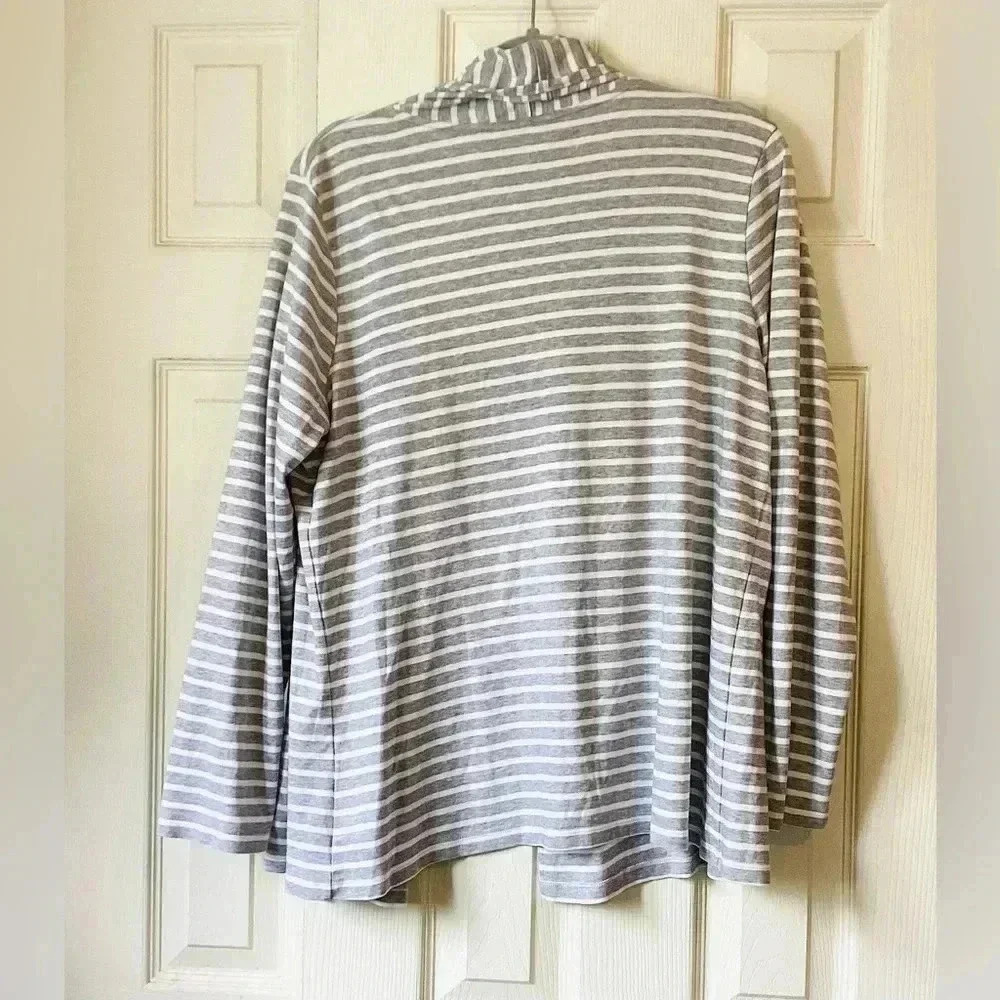 LL Bean Top Large White Open Cardigan Striped Shawl NecK Supima Cotton Sz Large - Picture 6 of 6